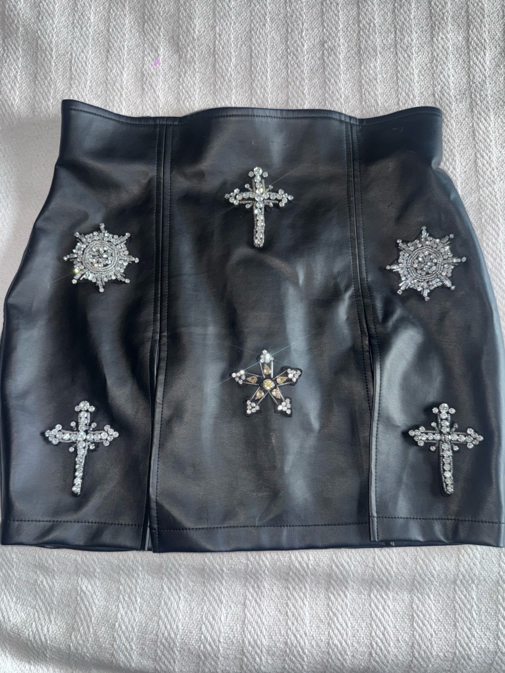 The Dolls House Faux Leather High Waisted Skirt Rhinestone Crosses Goth